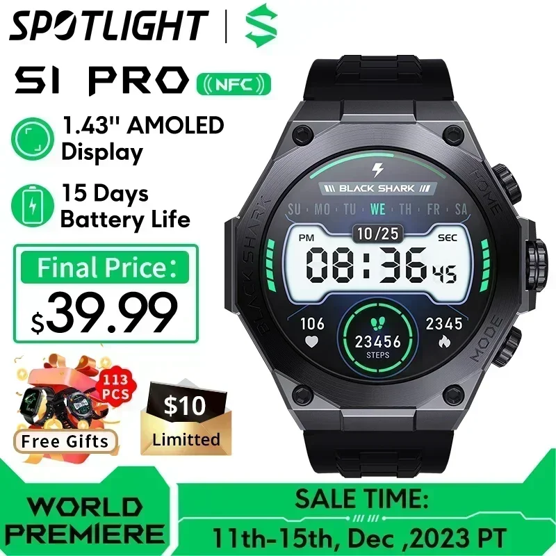 Versione globale Black Shark S1 Pro Smart watch 1.43 ''Ricarica wireless AMOLED 15 giorni Durata della batteria NFC Chat GPT