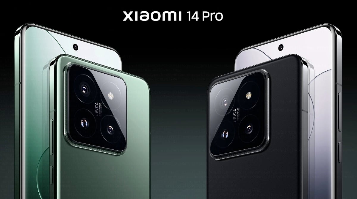 هاتف Xiaomi 14 pro باللونين الأخضر والأسود مع الاسم على الصورة الإعلانية