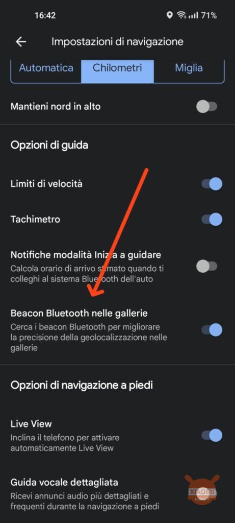 l'opzione per attivare i beacon bluetooth