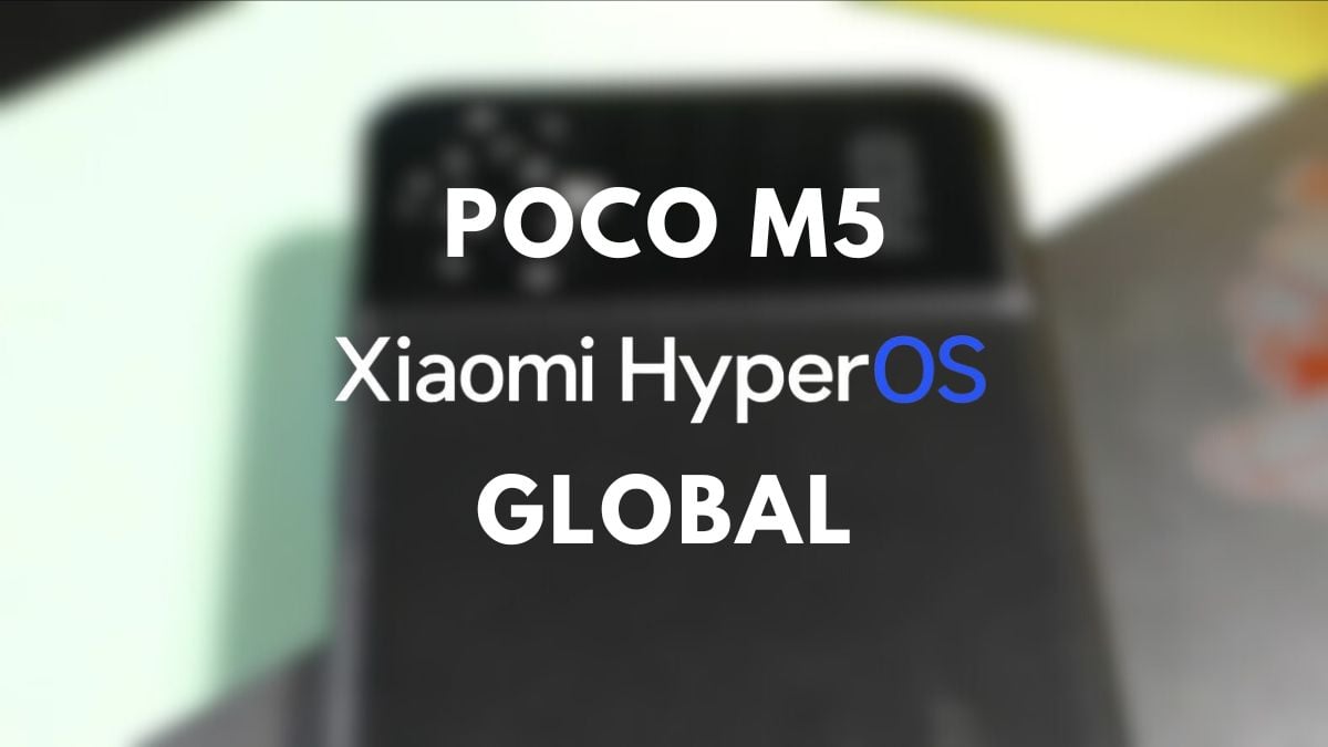 poco M5 en fond avec écriture globale hyperos