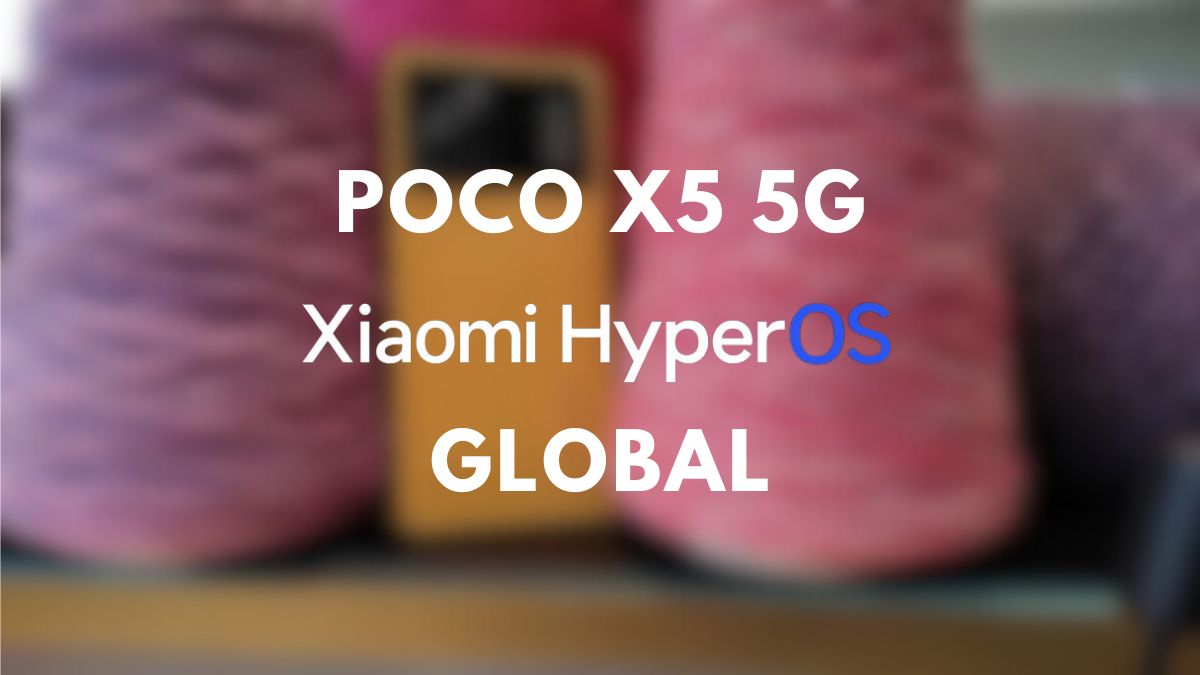 POCO X5 5G op de achtergrond met hyperos globaal schrift