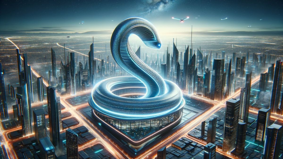 ένα ψηφιακό φίδι αντιπροσωπεύει συμβολικά την αρχιτεκτονική Mamba στην τεχνητή νοημοσύνη