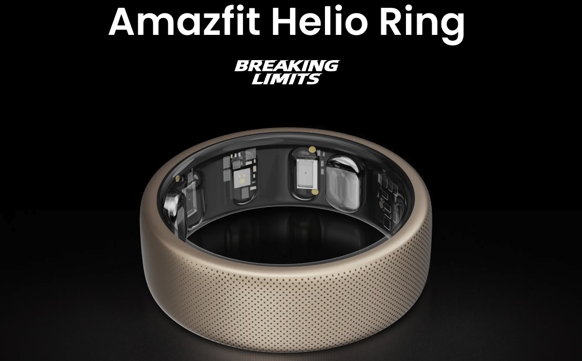 黑色背景上的 amazfit helio 戒指，上面写有同名字样