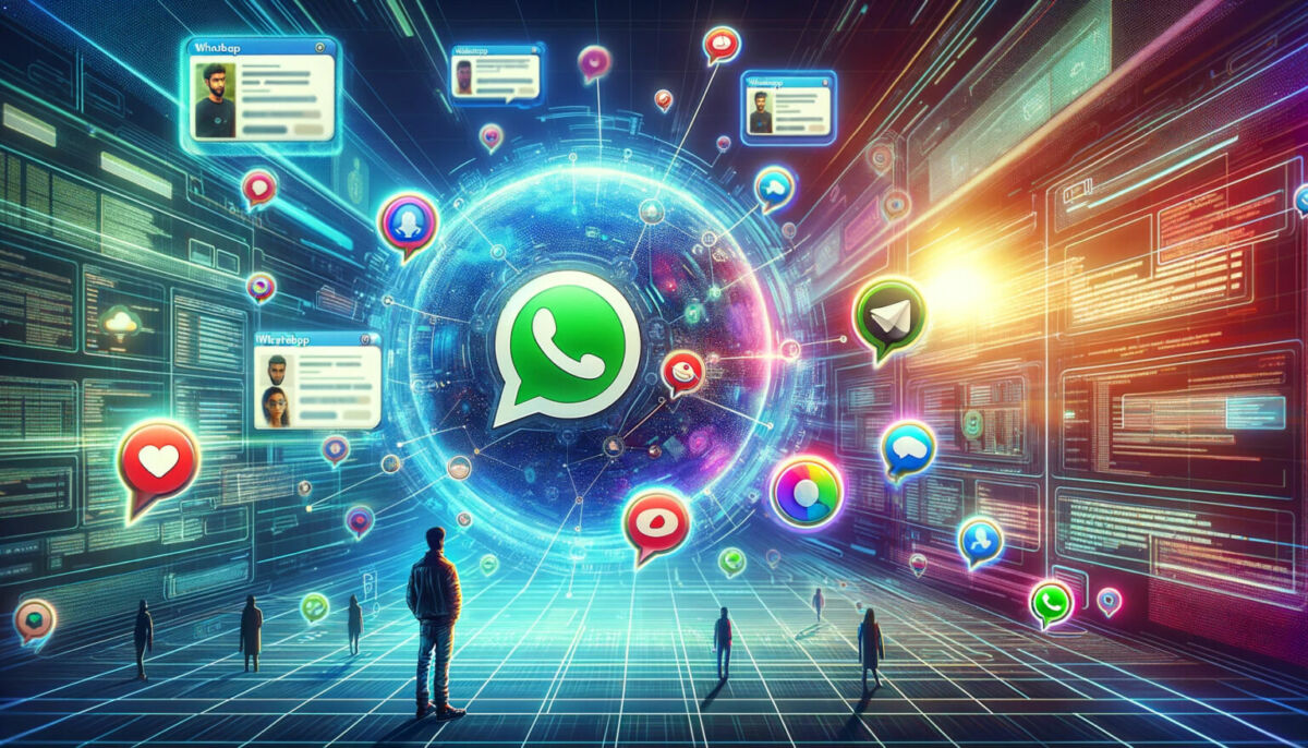en hel serie meldingsappikoner på en futuristisk bakgrunn som gjør det klart hvordan WhatsApp vil støtte tredjeparts chatter
