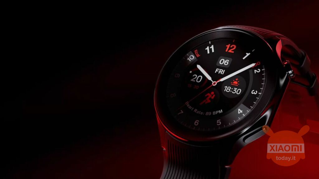 oneplus watch 2 nero con sfondo rosso e ombre nere