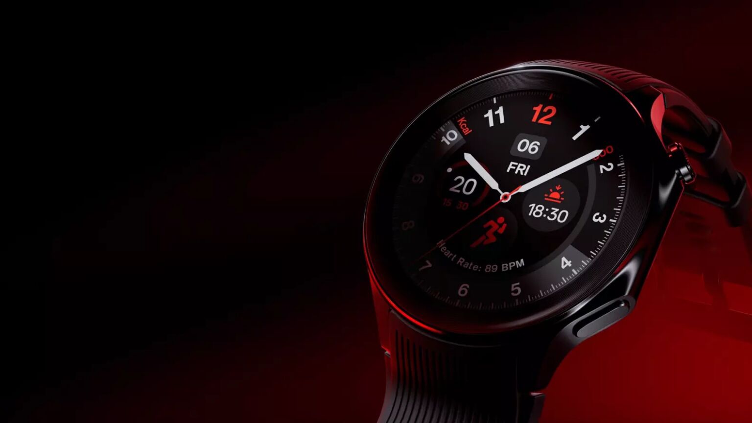 Oneplus Watch 2 schwarz mit rotem Hintergrund und schwarzen Schatten