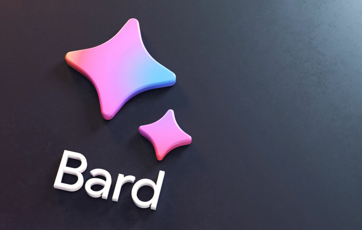 Google Bard-Logo auf anthrazitgrauem Hintergrund und zwei lila Sternen