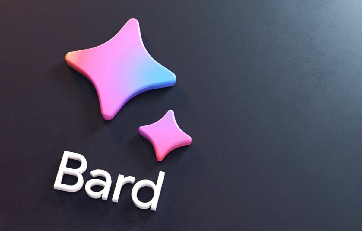 logo di google bard su sfondo grigio antracite e due stelle violacee