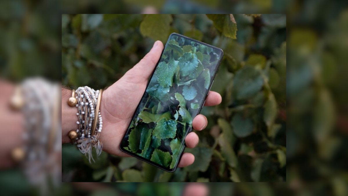 display of the Redmi Note 13 Pro+ 5G seen from the front with a green foliage background