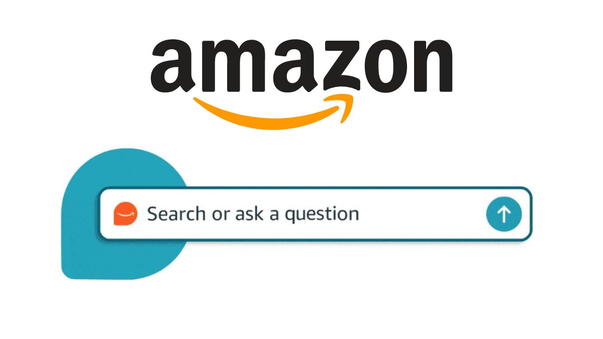 logo Amazon nad inteligentnym paskiem wyszukiwania, wszystko na białym tle