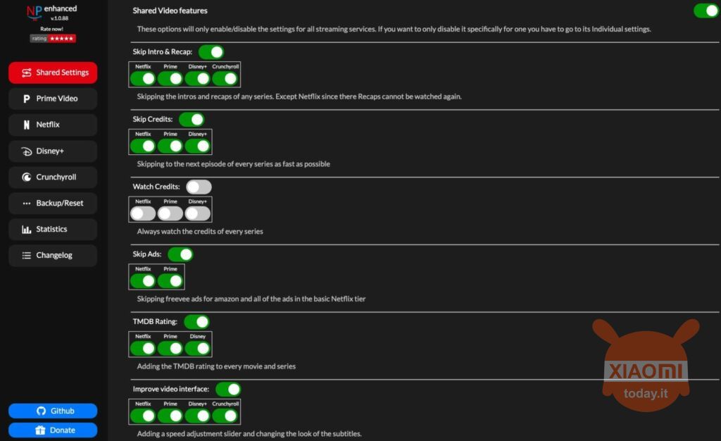 interfaccia Streaming enhanced per saltare annunci netflix, prime video, disney + e crunchyroll