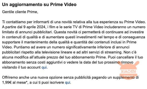 annuncio arrivo pubblicità su amazon prime video tramite mail ai clienti