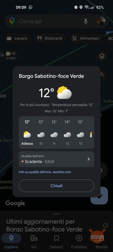 google maps toont de luchtkwaliteit op de mobiele applicatie