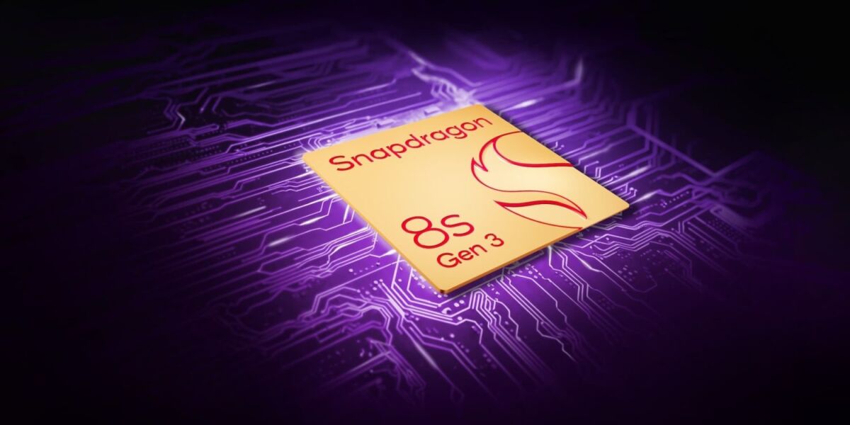 de Snapdragon 8s gen 3-processor op een zwarte achtergrond