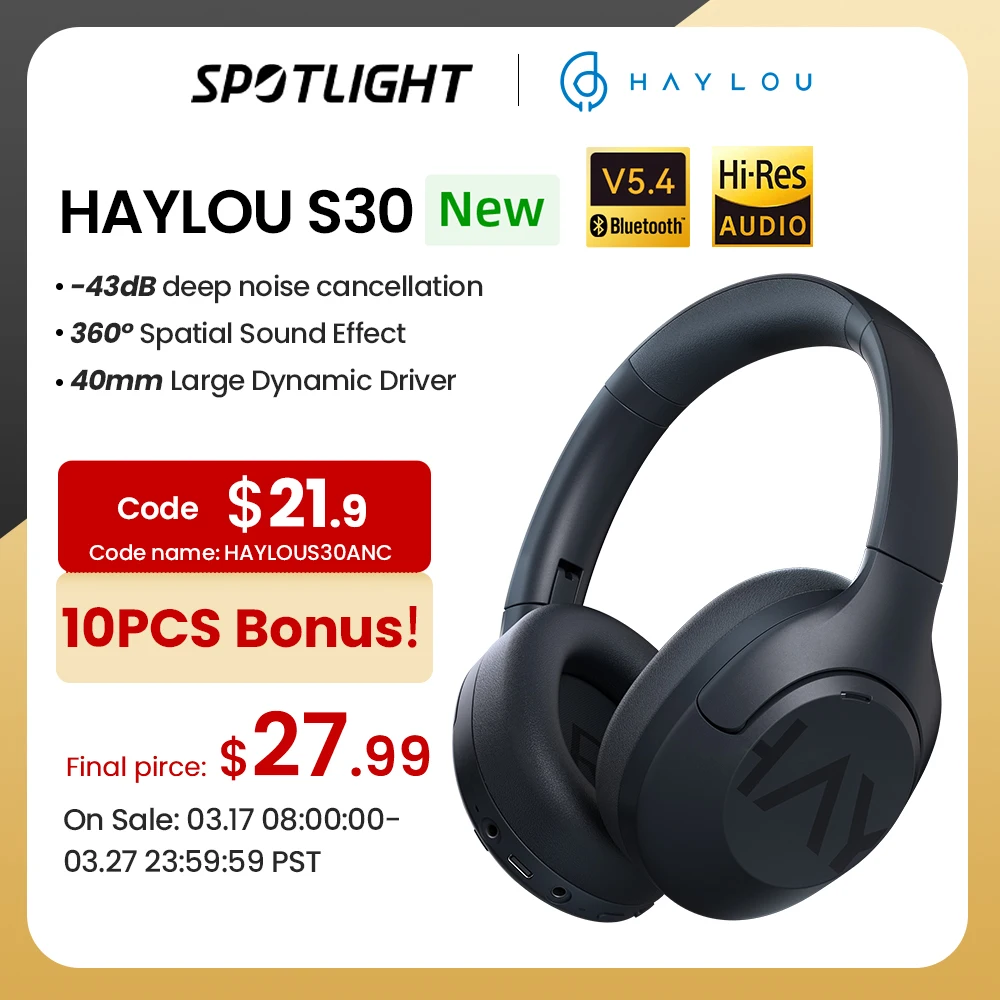 HAYLOU S30 cuffie Bluetooth 5.4 Wireless 43dB cuffie adattive con cancellazione del rumore 40mm Driver 80H auricolari Playtime