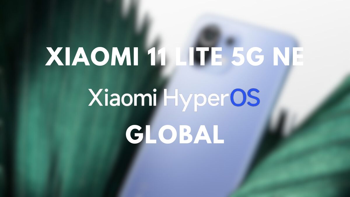 هاتف Xiaomi 11 lite 5G على خلفية غير واضحة مع كتابة Hyperos Global في المقدمة