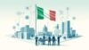 una serie di edifici con la bandiera italiana al centro e icone che fanno riferimento all'intelligenza artificiale