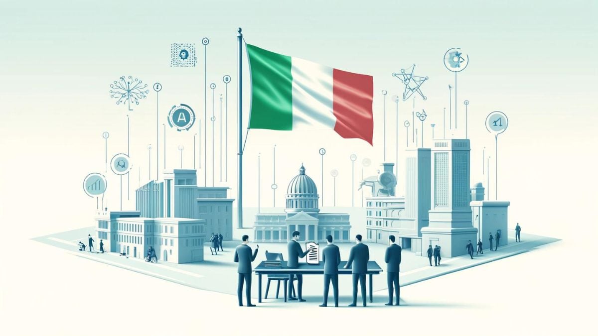 một loạt tòa nhà có lá cờ Ý ở trung tâm và các biểu tượng ám chỉ trí tuệ nhân tạo