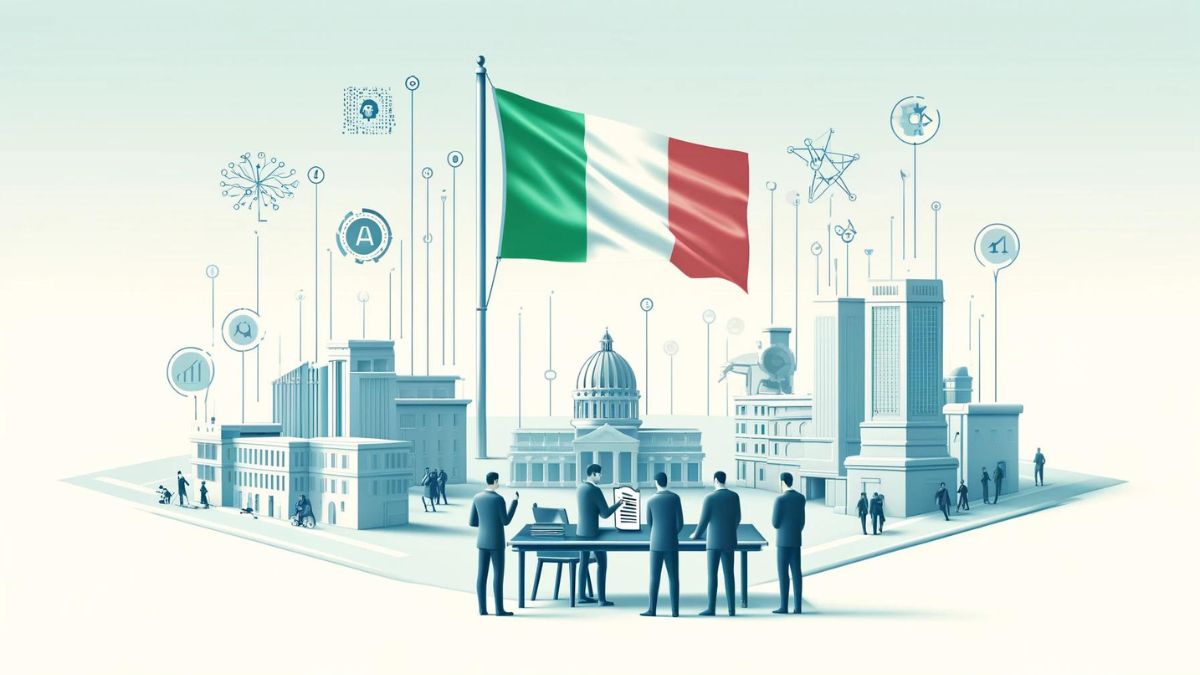 una serie de edificios con la bandera italiana en el centro e iconos que hacen referencia a la inteligencia artificial