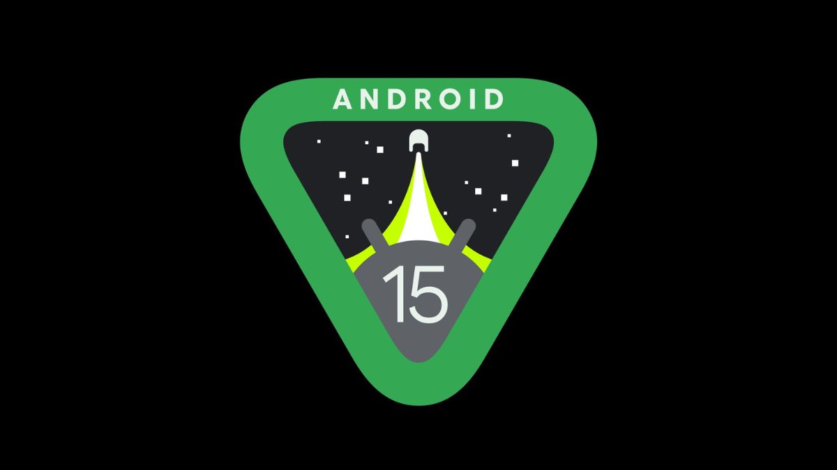 黒の背景に Android 15 のロゴ