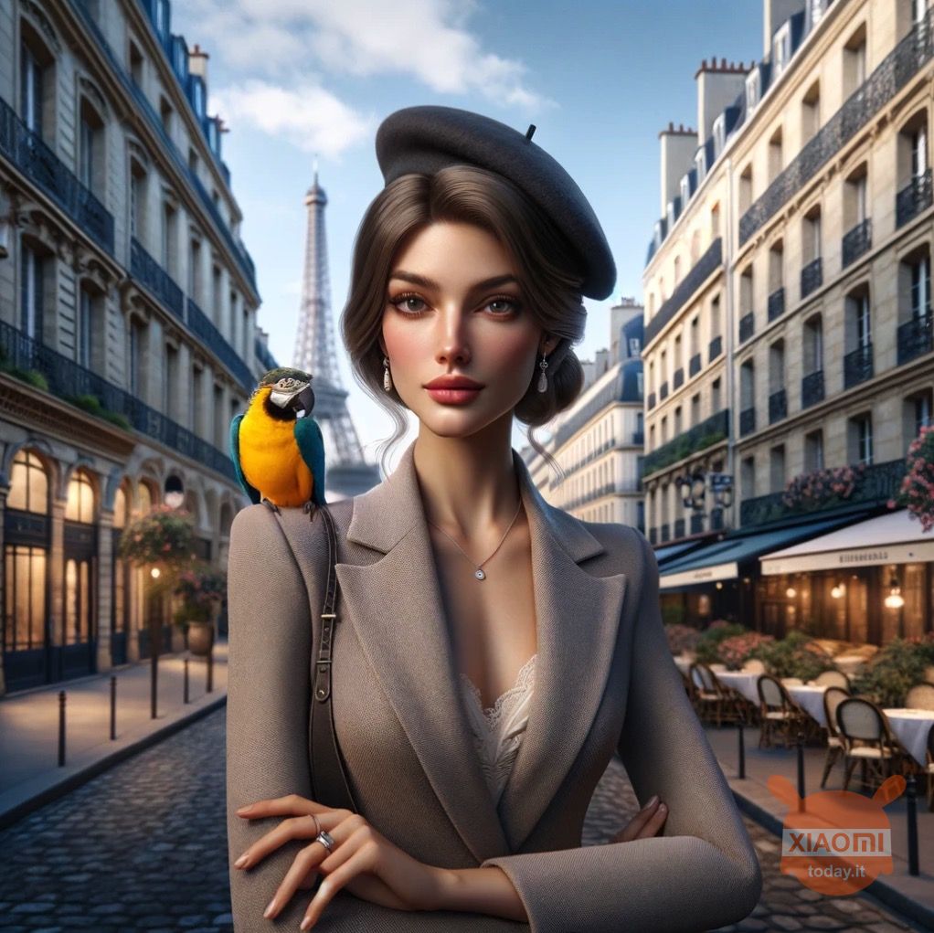 immagine di una donna creata da dall-e 3 su una strada francese con un pappagallo sulla spalla