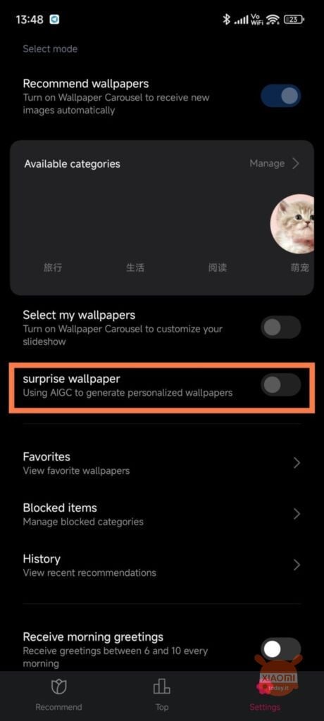 impostazioni per permettere a smartphone di generare wallpaper tramite ai su xiaomi
