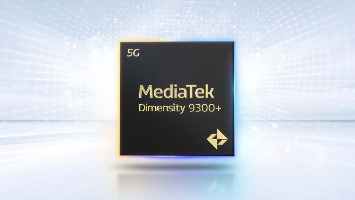 il processore mediatek dimensity 9300+ su sfondo blu argentato