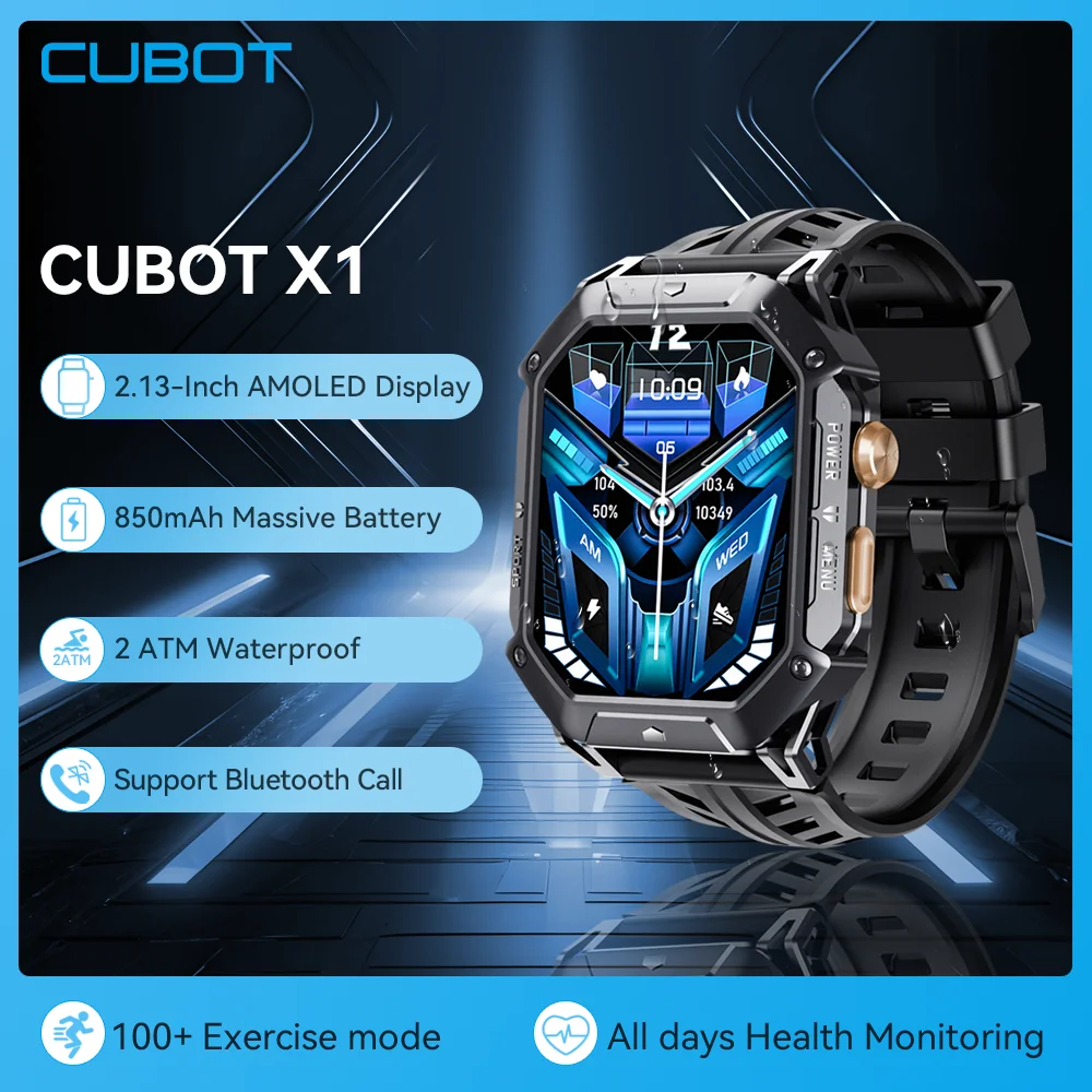CUBOT X1 Smart Watch schermo AMOLED da 2.13 pollici, batteria da 850mAh, smartwatch sportivo impermeabile per uomo, chiamata Bluetooth, frequenza cardiaca