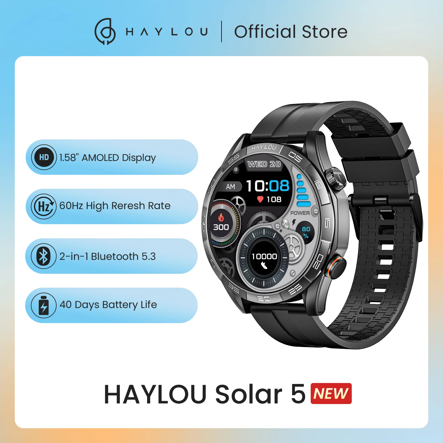 HAYLOU Solar 5 Chiamate vocali Smartwatch 1.58 ''Display AMOLED 60Hz Smart Watch 24 ore Monitoraggio della salute Sport Smartwatch per uomo