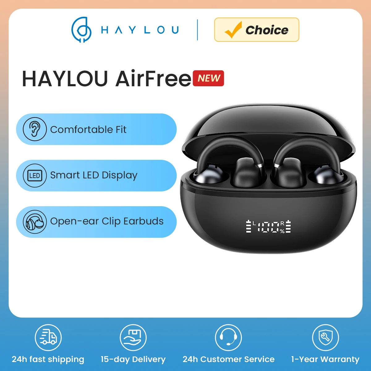HAYLOU AirFree Ear Clip Auriculares Bluetooth 5.4 AI Auriculares inalámbricos Reducción de ruido TWS Auriculares deportivos con pantalla LED inteligente