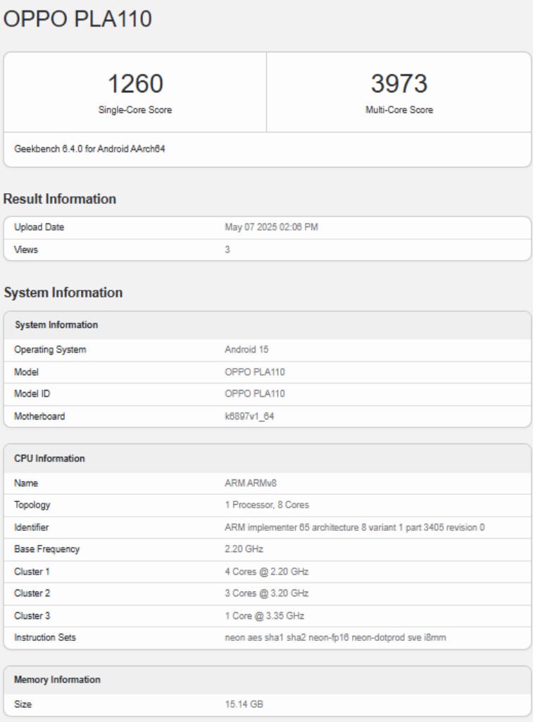 OPPO Reno 14 pro geekbench