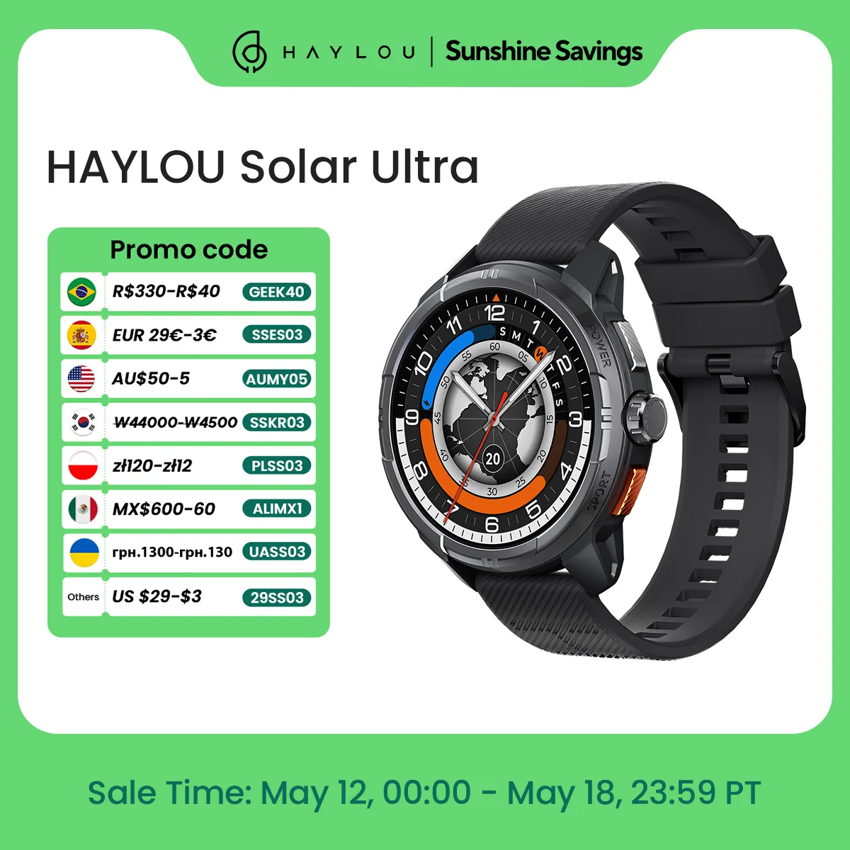 HAYLOU Solar Ultra GPS Smart Watch Display AMOLED da 1,6 pollici Frequenza di aggiornamento 60Hz Chiamate Bluetooth Resistenza all'acqua 5ATM Smartwatch sportivo