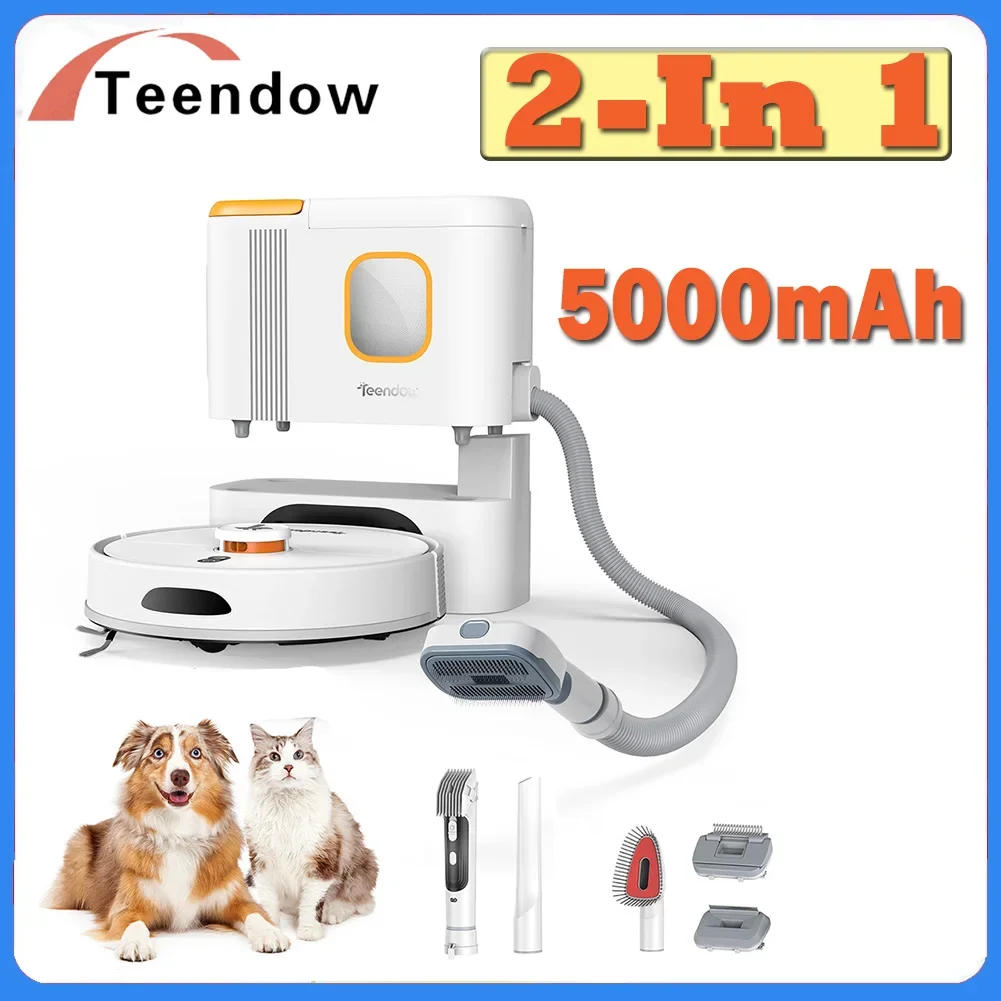 Teendow D20S Max+ 6000Pa Robot aspirapolvere e strumento per toelettatura di animali domestici 70 giorni di pulizia a mani libere Sacchetto per la polvere da 3 litri Batteria da 5000 mAh