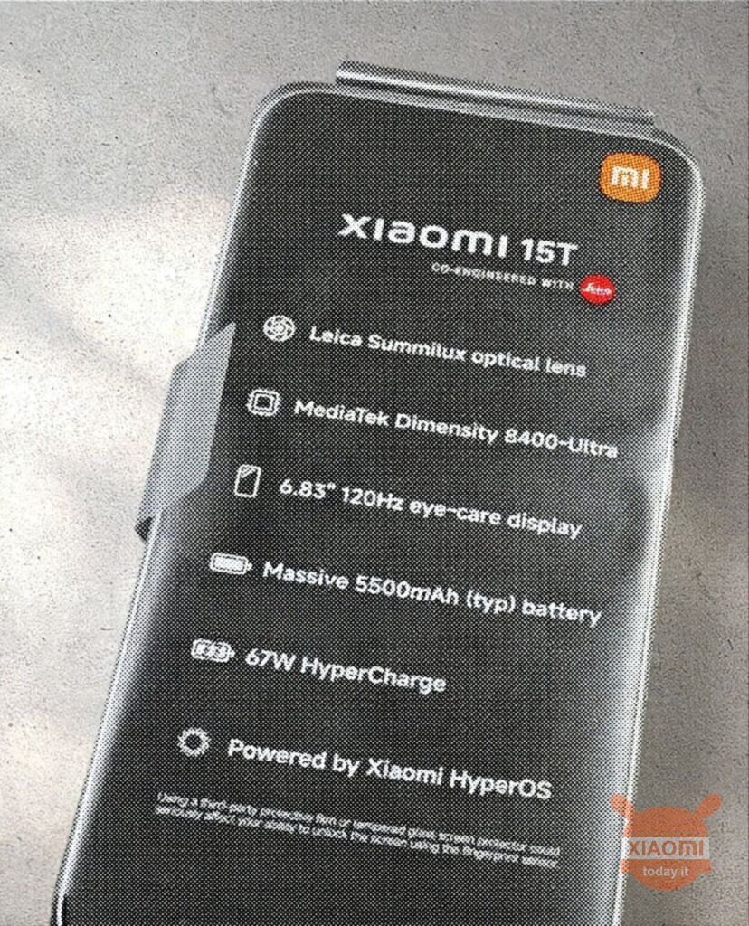 شاشة هاتف Xiaomi 15t مكتوب عليها جميع المواصفات الرئيسية للجهاز